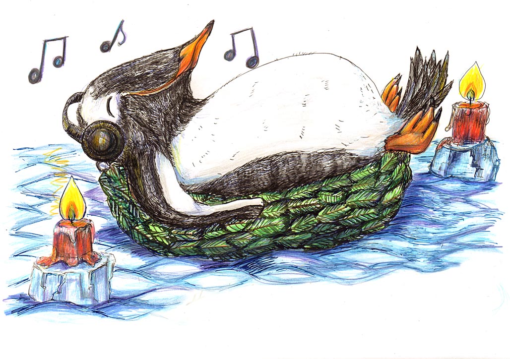Illustration Pinguin Musik und Kerzenschein Entspannung