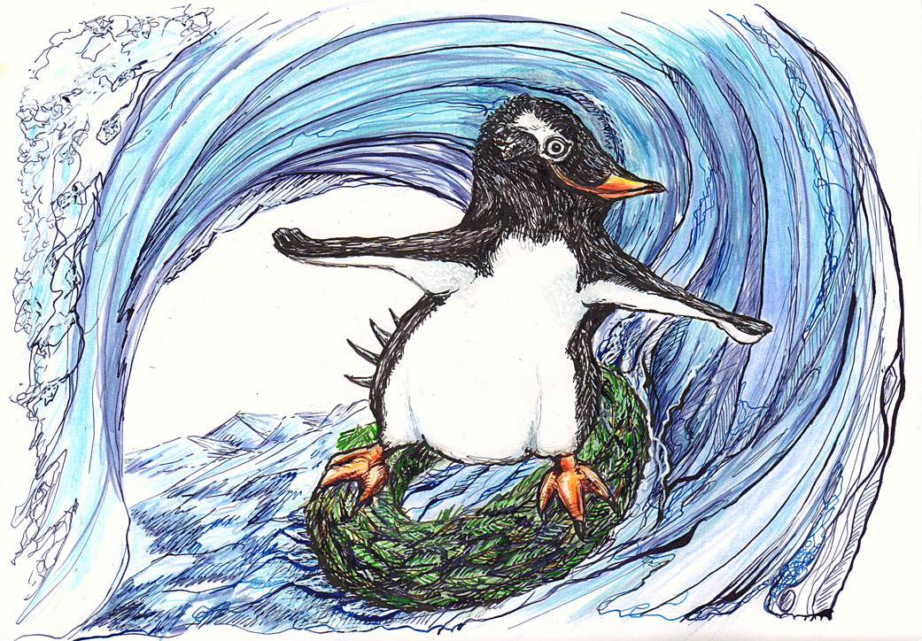 Illustration Pinguin Surfen